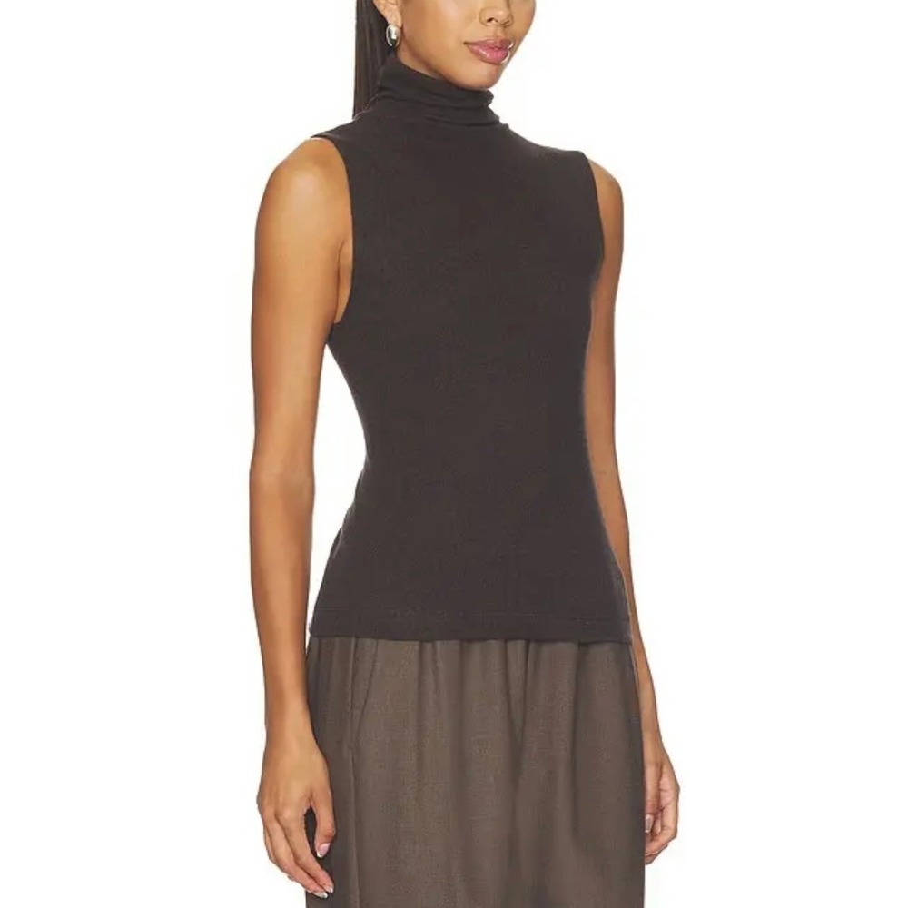 ENZA COSTA Cashmere Jersey Shell Top Women Small Brown Sleeveless Turtleneck NEW